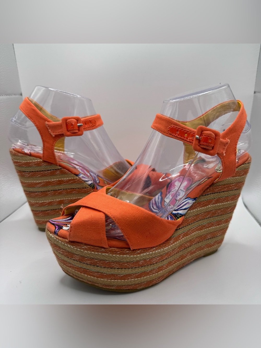 Ed Hardy Espadrille Wedge Sandals Womens Size 8 Orange Tattoo Print Y2K Vintage